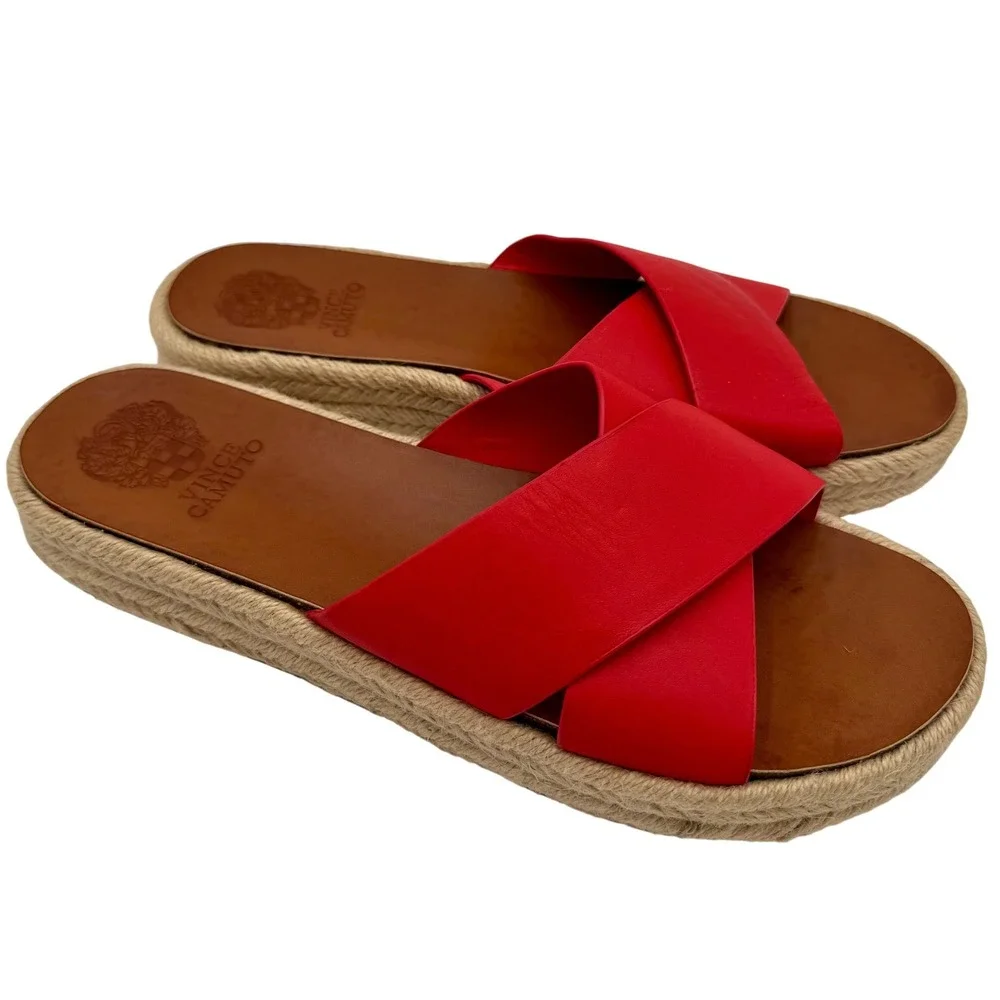 Vince Camuto Carran Red Leather Criss Cross Espadrille Slide Sandals Womens 9M